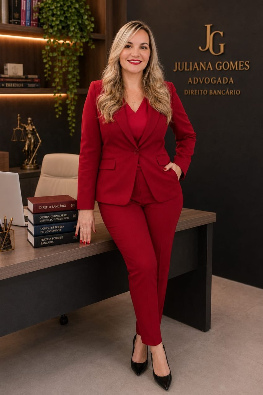 Dra. Juliana Gomes no escritório, ao lado da mesa com livros de direito bancário e do consumidor